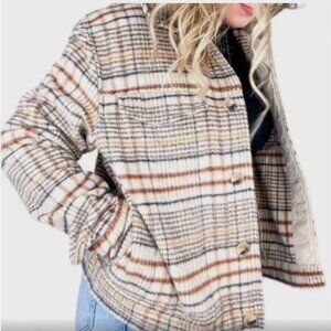 JOIE JACKET SHACKET COZY PLAID POCKETS SZ L FALL AUTUMN CAPSULE NEUTRAL CLASSIC
